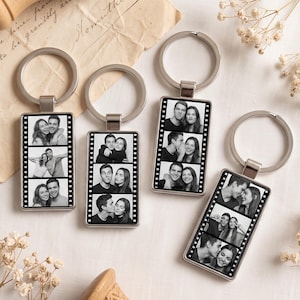 May include: Four rectangular metal keychains featuring black and white photo strips designed to look like vintage film negatives. Each keychain displays three distinct candid portraits of a couple in various poses, attached to a circular metal ring.