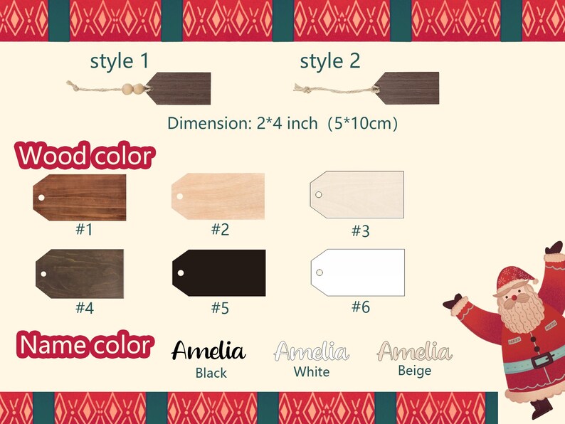 May include: Image showcasing wooden gift tags in various styles and colors. The tags are rectangular with a hole for stringing. Dimensions are 2x4 inches. Color options include dark brown, light wood, black, and white. Text on the image includes "Wood color" and "Name color."
