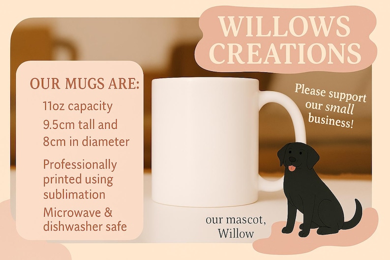 a black dog sitting next to a white coffee mug