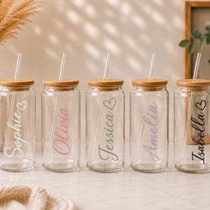 Personalized Glass Tumbler with Bamboo Lid & Straw, Custom Name Iced Coffee Cup Gift
