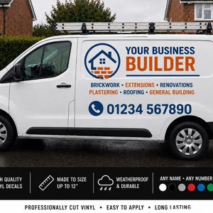 Puede incluir: Furgoneta blanca con escalera en el techo, con el logotipo "YOUR BUSINESS BUILDER" y un icono de casa. Los servicios incluyen albañilería, ampliaciones y techado, además de un número de teléfono. También se menciona "CALCOMANÍAS DE VINILO DE ALTA CALIDAD".