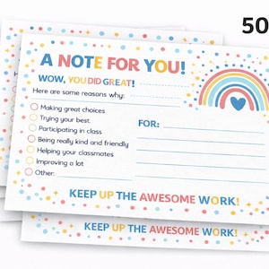 May include: A pile of colourful reward notes featuring a rainbow and heart design. The notes have the text "A NOTE FOR YOU!" and "KEEP UP THE AWESOME WORK!" with sections to fill in for personalization.