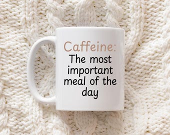 Taza de café divertida: «Cafeína: La comida más importante», hecha a mano, de cerámica de 325 ml