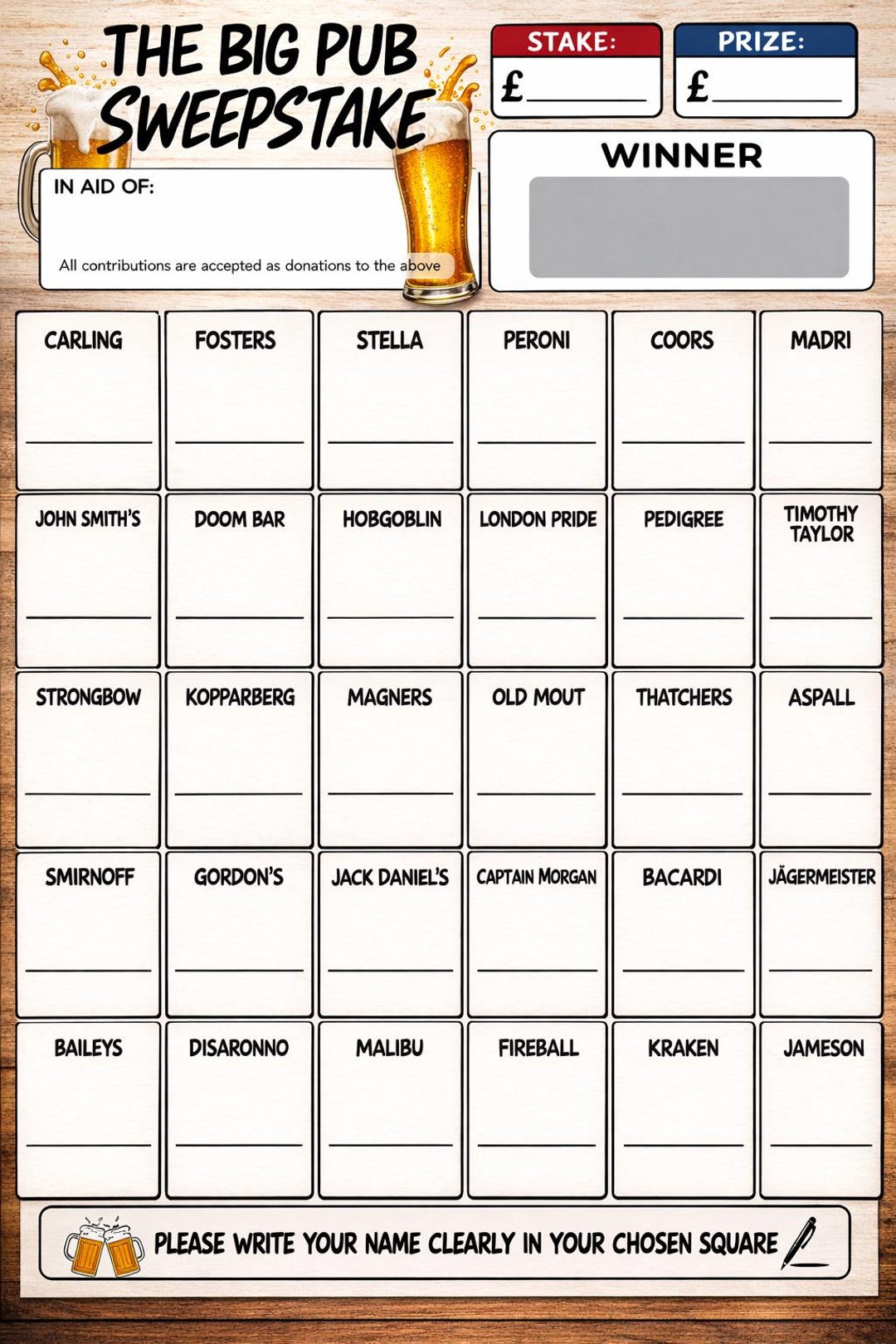 The Big Pub Sweepstake – Pack of 10 A4 Fundraising Raffle Boards, Pub ...