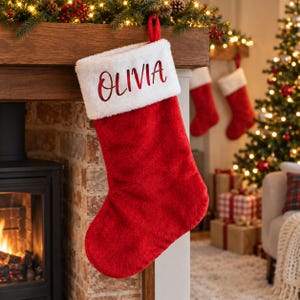 May include: A red velvet Christmas stocking featuring a white faux fur cuff with the name Olivia printed in a dark red script font. The stocking includes a red fabric loop at the top for hanging and has a soft, plush texture throughout the body.