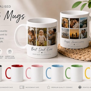 Puede incluir: Dos tazas de cerámica blanca con collages de fotos personalizados y texto. Una taza muestra 'Best Dad Ever' y la otra 'Happy Anniversary'. Debajo hay seis tazas adicionales con asas e interiores de colores en negro, rojo, rosa, azul, verde y amarillo.