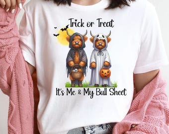 Highland Cow Halloween PNG: Straszny duch i kostium czarownicy wykonany metodą sublimacji