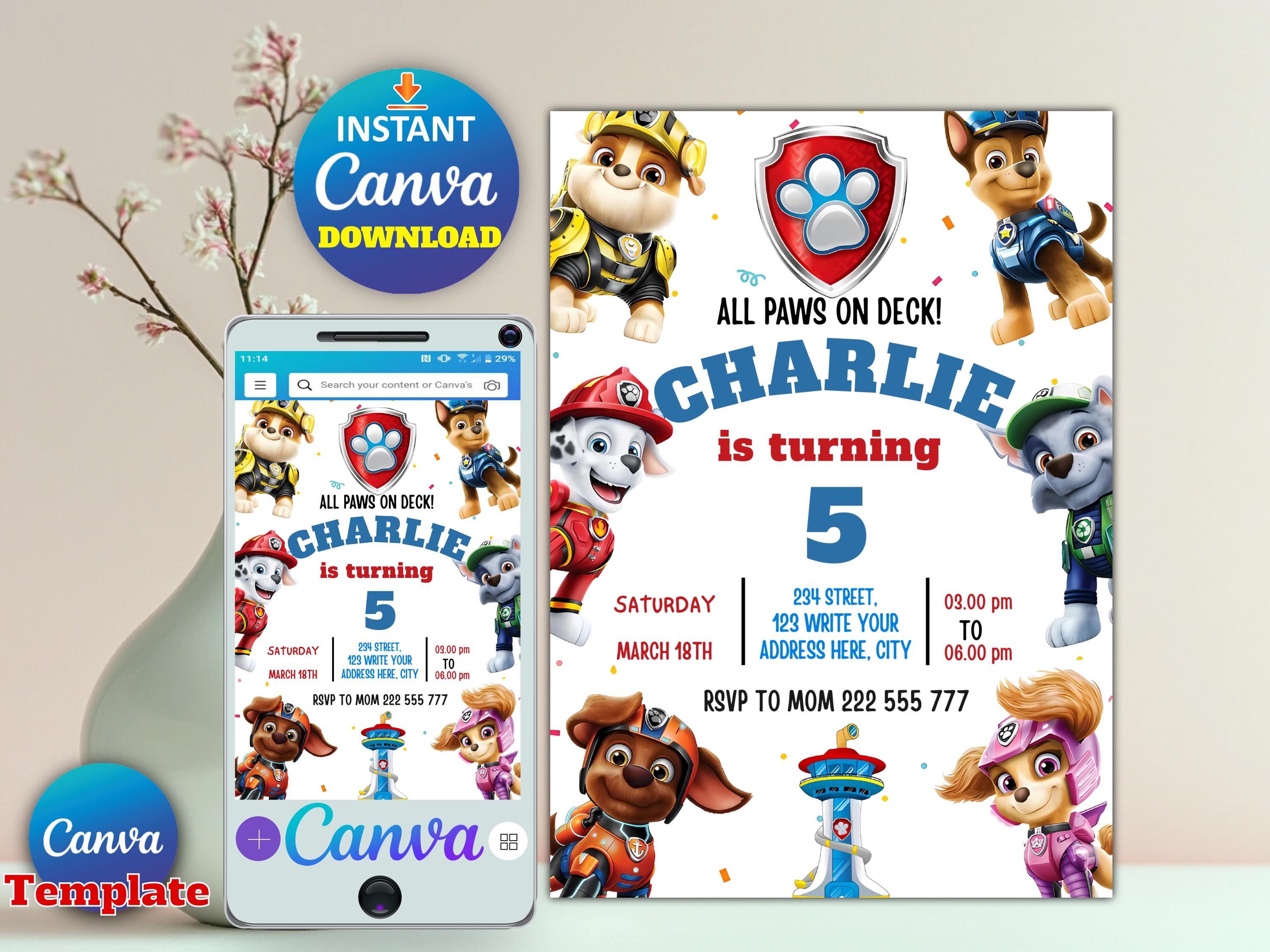 Editable Paw-ty Birthday Invitation | Puppy Patrol Pup Crew | Boys & Girls Canva Template | Instant Download | Printable Invite