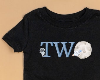 Two the Moon 2nd Birthday Shirt, Space Second Birthday, Black or White Tshirt, Outer space birthday theme, Boy Birthday Shirt #2