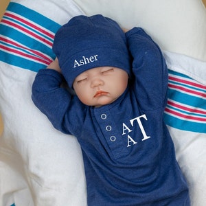 Monogrammed Coming Home Outfit, Navy Denim Blue Romper with Personalized Name Hat, Take home outfit, Personalized, Newborn Boy, Baby Boy