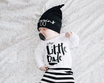 Baby Boy Coming Home Outfit Winter, Personalized Newborn Boy Hospital Outfit, Name Hat, New Little Dude, Little Brother Outfit, Black, gift