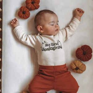 Baby 1st thanksgiving Outfit. Newborn boy, infant girl. Gender neutral bodysuit. Burnt Orange pants. Personalized hat. Simple Retro Style image 1