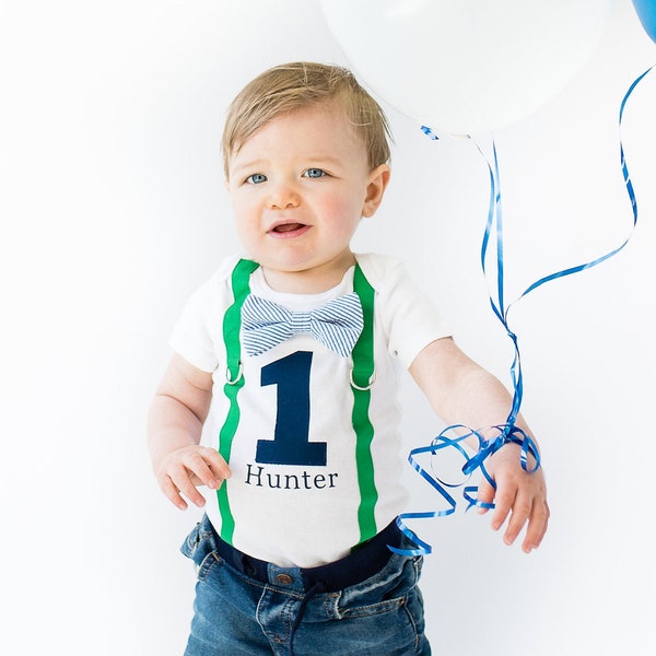 Baby Boy 1st Birthday Outfit in Green & Navy. Cake Smash Outfit. First Birthday Shirt for Boys. Personalized Name custom. Bow tie suspender.