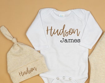 Newborn boy coming home outfit. Baby boy coming home outfit. Baby boy take home outfit. Tan brown oatmeal Neutral. First Middle Name