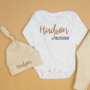 Newborn boy coming home outfit. Baby boy coming home outfit. Baby boy take home outfit. Tan brown oatmeal Neutral. First Middle Name image 1