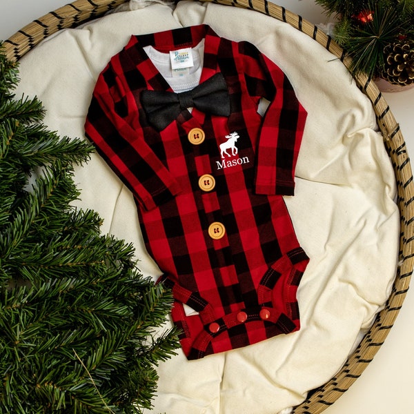 Buffalo Plaid Cardigan. Baby Boy Christmas Outfit. Buffalo Plaid Baby Outfit. Newborn Boy. Baby Lumberjack.  1st First Christmas. Moose.