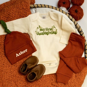 Baby 1st thanksgiving Outfit. Newborn boy, infant girl. Gender neutral bodysuit. Burnt Orange pants. Personalized hat. Simple Retro Style image 2