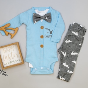 Personalized Baby Boy Easter Outfit. Light Blue Cardigan with Gray Bunny Leggings. 1st Easter Outfit. Bowtie. Newborn boy.