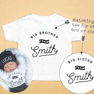 Big Brother or Big Sister shirt. Matches Just Joined Team newborn design. Tshirt, Graphic Tee. Baby Announcement. Last Name.