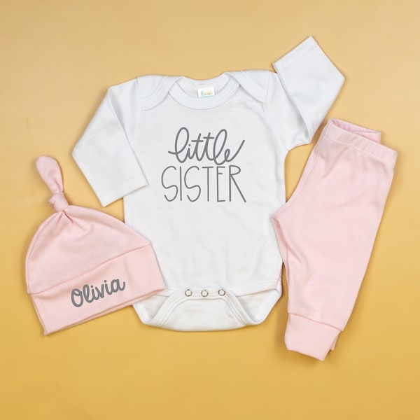 Little Sister Outfit, Baby Girl Coming Home Outfit, Personalized Infant Baby outfit and Hat, Baby Shower Gift, Pink, Baby Sister