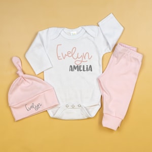 Personalized Baby Girl Coming Home Outfit. First Middle Name. Custom Name. Pink. Baby. Newborn, Take home, hospital image 1