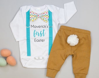 Personalized 1st Easter Outfit for baby boy. Newborn boy easter tie and suspenders. Infant boy. Bunny Tail Pants. Name.