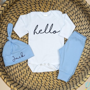 Hello World Baby Outfit, Light &quot;Cloud&quot; Blue. Baby Boy Coming Home Outfit Summer. Personalized Baby Boy Outfit, Newborn Boy Take Home Outfit