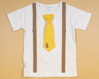 Baby Boy Easter Outfit: Gingham Bunny Tie & Mocha Suspenders