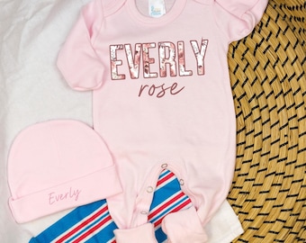 Newborn Girl Coming Home Outfit, Floral and Pink Romper with Personalized Name Hat, Take home outfit, Personalized, Newborn Girl, Baby Girl