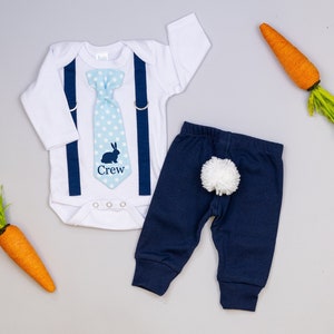 Personalized Easter bunny outfit for baby boy. Newborn boy, infant boy. Custom Name tie and suspenders bodysuit. Navy. Monogram.