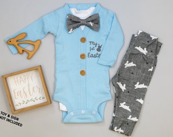 Personalized Baby Boy Easter Outfit. Light Blue Cardigan with Gray Bunny Leggings. 1st Easter Outfit. Bowtie. Newborn boy.