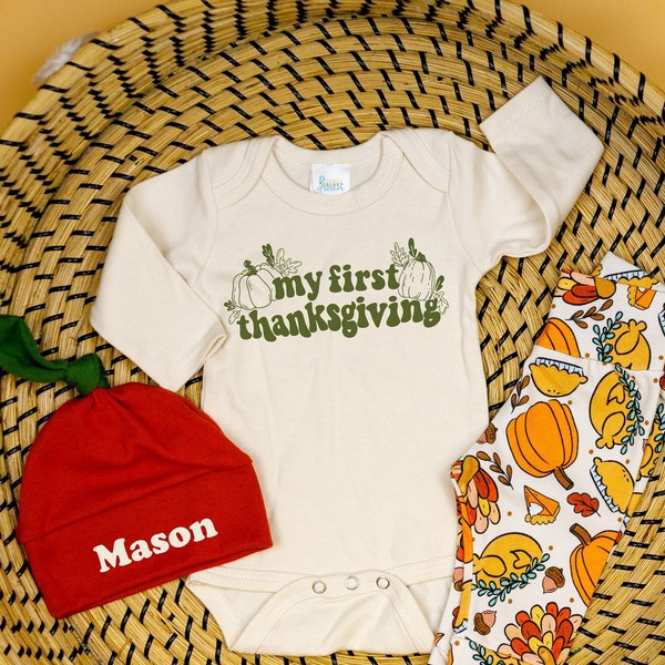My First Thanksgiving Outfit. Baby's 1st Thanksgiving Bodysuit, Handmade Thanksgiving Leggings, Pumpkin Knot Hat Personalized. Boy or Girl