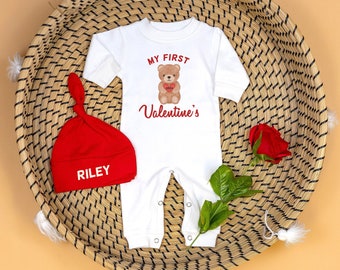 Baby 1st Valentine Romper. Teddy Bear. My 1st Valentine's Day Outfit with Hat. Personalized Newborn White Long Sleeve Romper. Boy or Girl