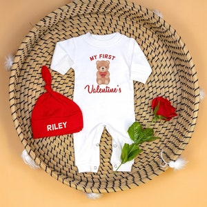 Baby 1st Valentine Romper. Teddy Bear. My 1st Valentine's Day Outfit with Hat. Personalized Newborn White Long Sleeve Romper. Boy or Girl image 1