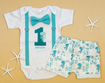 Under the Sea Birthday Outfit Boy. Summer Boy 1st Birthday Shirt Jellyfish Fish. Cake Smash. 2nd Birthday. Personalized Name