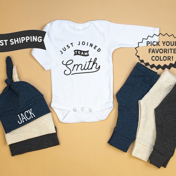 Baby Boy Coming Home Outfit, Just Joined Team Baby Outfit, Custom Name, Personalized First and Last Name, Newborn Boy, Oatmeal Navy Gray