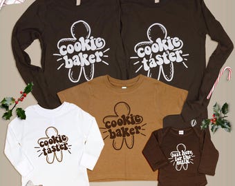 Family Matching Christmas Baking Shirts. Cookie Crew. Baker Taster Here for Milk. Baby Toddler Kids Teens and Adults.