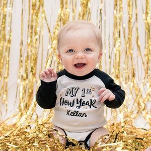 Personalized Baby Boy 1st New Year&#39;s Outfit. New Years Eve Clothes. First New Year. Black and Gold. Baby New Year. Newborn.