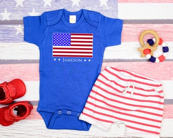 Baby Boy 4th of July Outfit Personalized. American Flag Shirt. 4th of July Baby Boys Outfit. Boy's July 4th Shirt.  Toddler