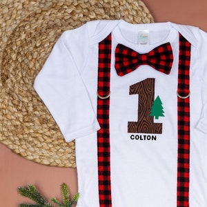 Christmas Birthday Outfit. Lumberjack 1st Birthday Shirt. Buffalo Plaid Check. Baby Boy 1st Birthday Outfit. Tree Woodland. Cake Smash. image 1