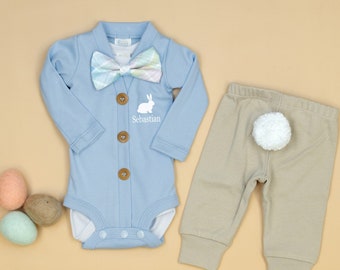 Baby Boy Easter Outfit Personalized. Cloud Blue Cardigan with Plaid Bow Tie. Fawn Tail Pants. 1st Easter Outfit. Newborn boy. Bunny Tail