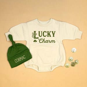 Lucky Charm Baby Sweatshirt for St Patrick's Day. Baby oversized sweatshirt. Unisex. Sweater Romper. Bubble. Neutral. Optional Hat.