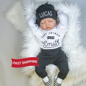 Baby Boy Coming Home Outfit, Just Joined Team Baby Outfit, Custom Name, Personalized First and Last Name, Newborn Boy, New to the Crew image 1