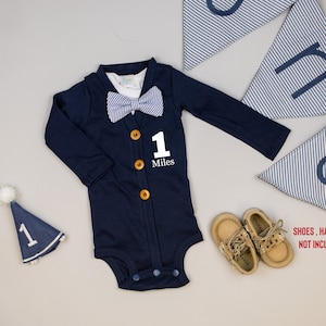 Baby Boy Cake Smash Outfit. Baby Boy First Birthday Outfit Personalized. Preppy, Navy Blue, Bow Tie. Cardigan. Number and Name Shirt.