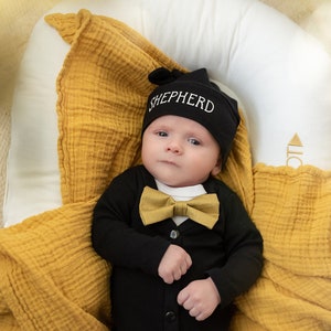 Baby Boy New Years Outfit. Baby Tuxedo. Black & Gold, Vintage Inspired Cardigan Set with Pants. Bow tie. 1st New Year. Newborn. Classic