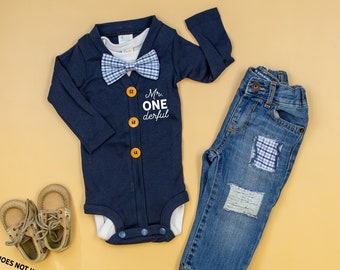 Boys First Birthday Outfit, Mr. ONEderful Outfit, Navy Cardigan, Bow Tie, 1st Birthday Boy Outfit, First Birthday Boy, Destroyed Jeans