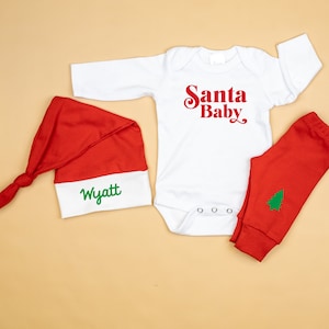 Baby Christmas Outfit, Santa Baby, Personalized Baby Santa Hat, Unisex Baby&#39;s 1st Christmas Clothes for Newborn Boys or Girl, Red and Green,