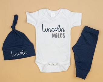 Personalized Baby Boy Coming Home Outfit. First Middle Name. Custom Name. Navy and Gray Grey. Baby. Newborn. Farmhouse, Take home, hospital