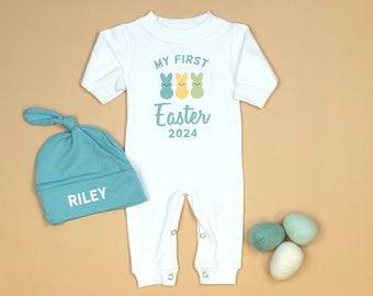 Baby 1st Easter Romper. Easter Outfit with Hat. Personalized Newborn White Long Sleeve Romper. Boy or Girl. Marshmallow Bunny, Aqua