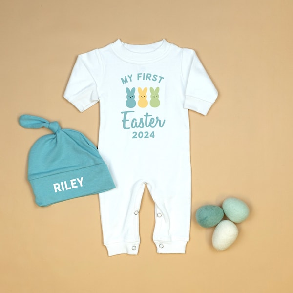 Baby 1st Easter Romper. Easter Outfit with Hat. Personalized Newborn White Long Sleeve Romper. Boy or Girl. Marshmallow Bunny, Aqua